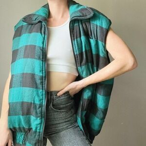 Vintage Buffalo Plaid Teal Black Puffer Zip Up Vest